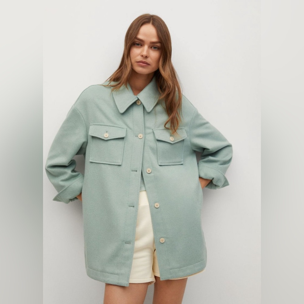 Mango Oversized Wool Shirt Jacket Size XS / S Overshirt Boxy Minimalist Green